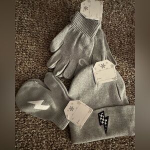 Kids Gray Beanie, Mittens & Gloves Set - Lightning Patch